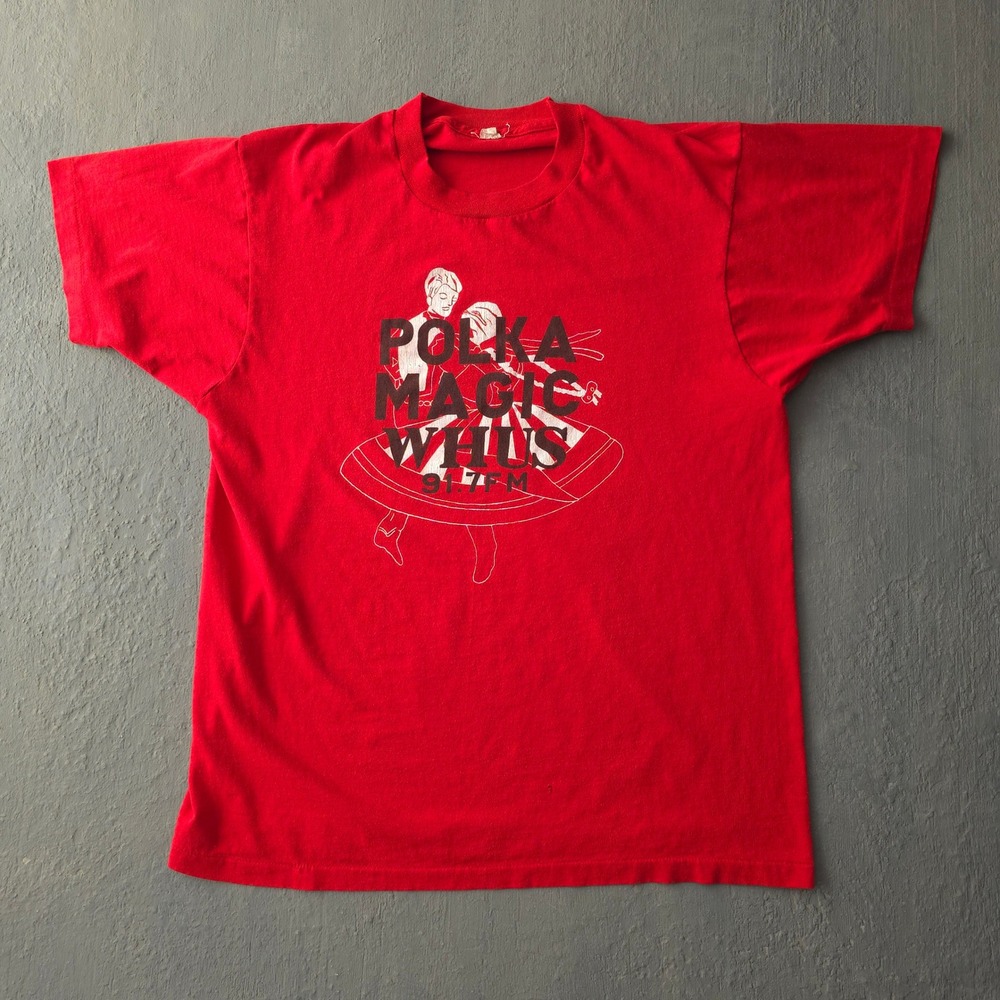 Vintage 80s Screen Stars Red Polka Magic WHUS 91.7 FM T-shirt Large Radio Promo